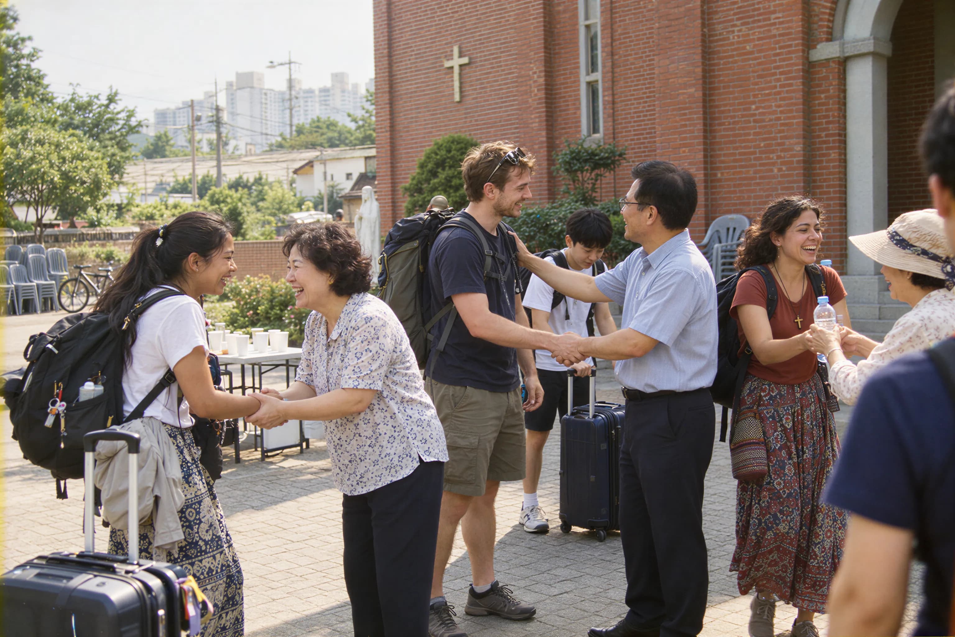 Host families greet arriving pilgrims in the courtyard of a parish church in Gwangju.